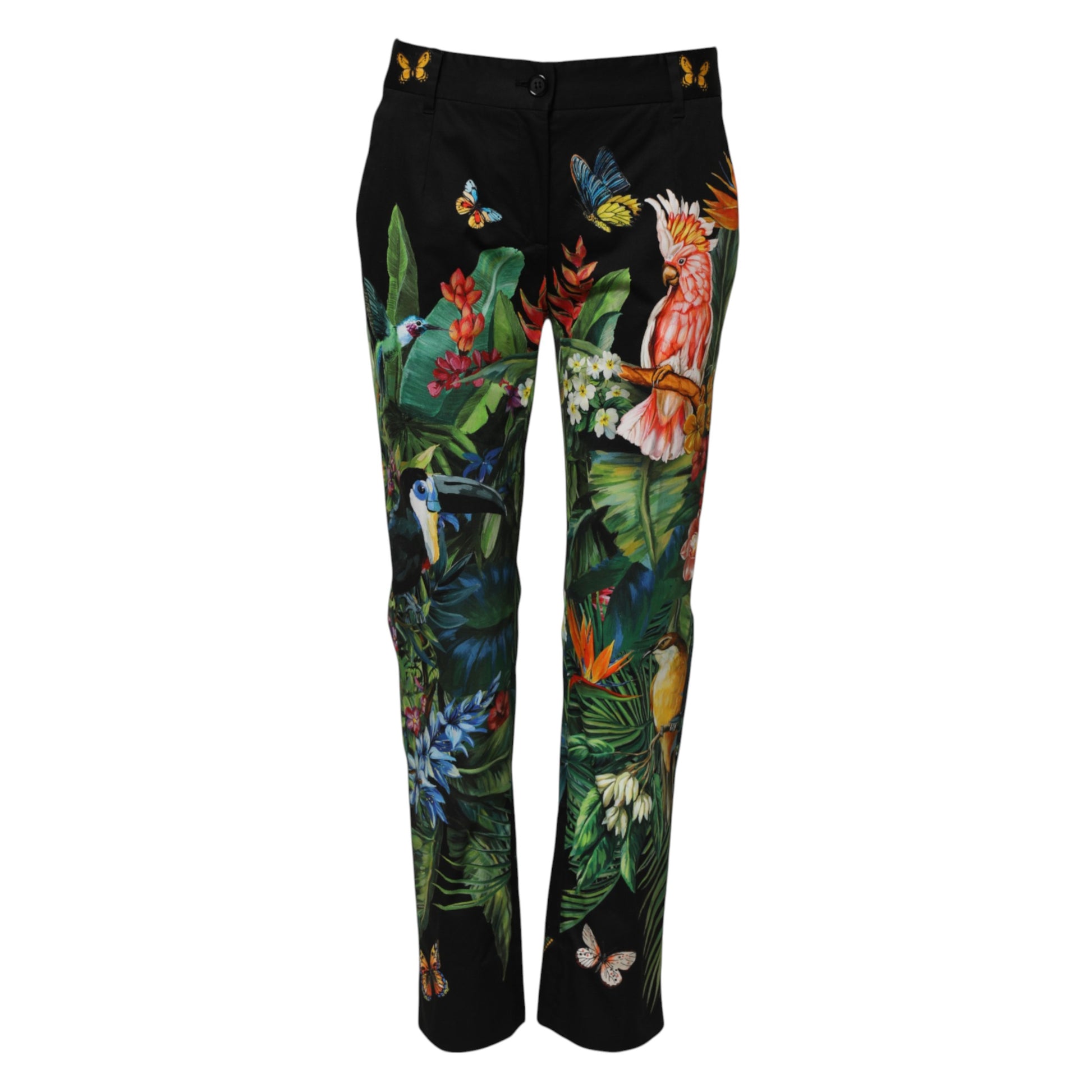 Black Cotton Tropical Mid Waist Pants