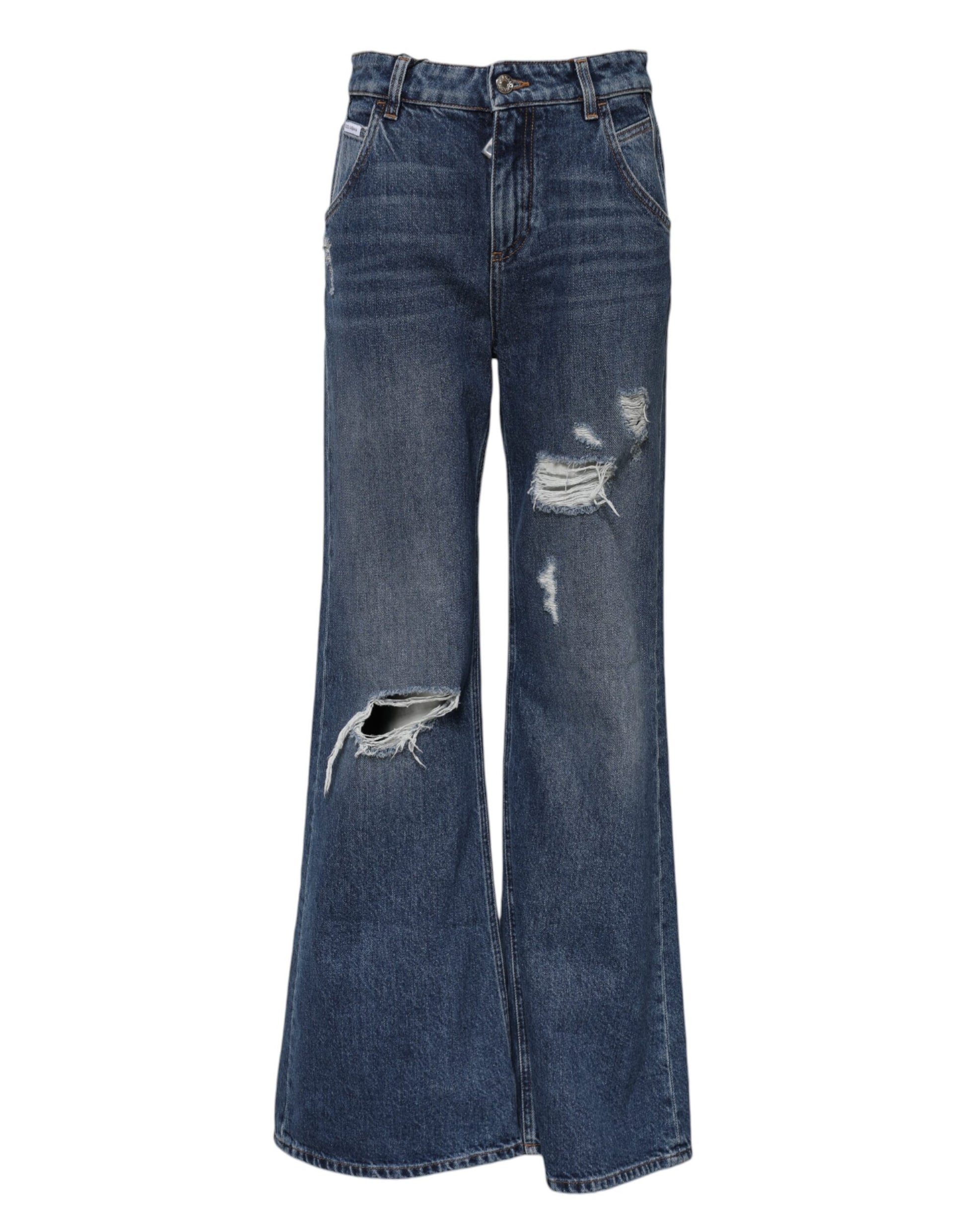 Blue Cotton Wide Leg Tattered Denim Jeans