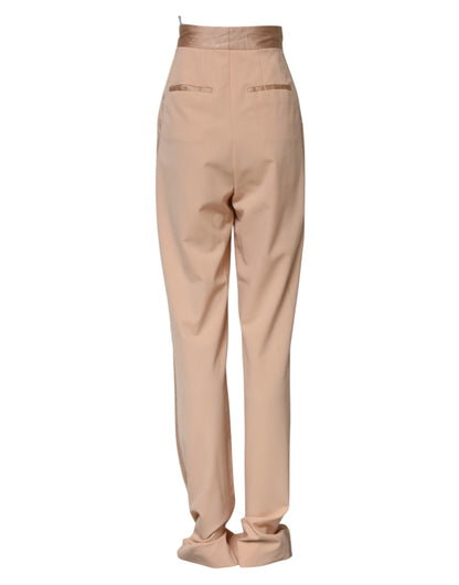 Beige Polyester Mid Waist Tapered Pants