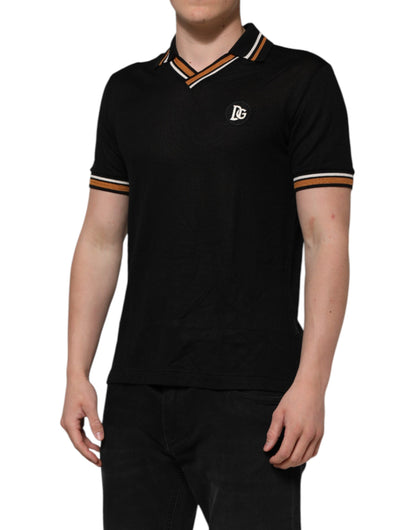 Black DG Silk Vneck Collared Men Polo T-shirt