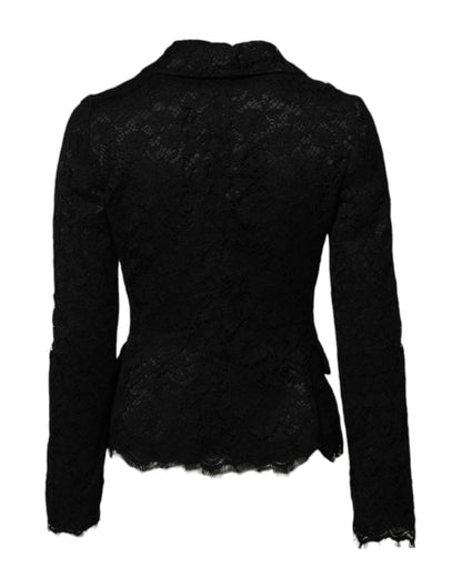 Black Floral Lace Cotton Collared Jacket