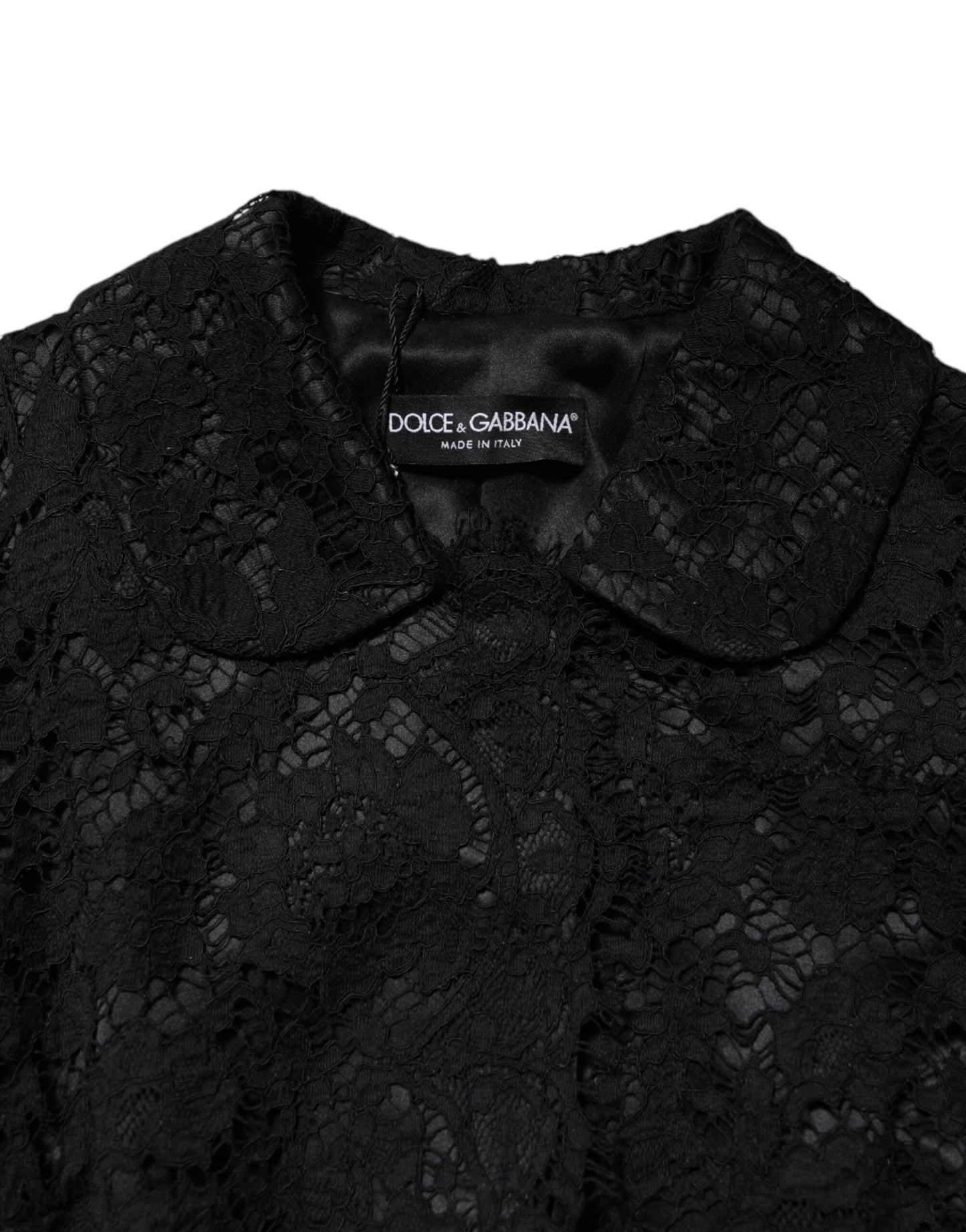 Black Floral Lace Cotton Collared Jacket