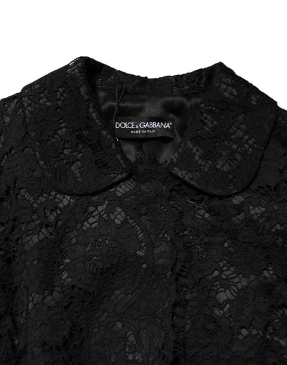 Black Floral Lace Cotton Collared Jacket