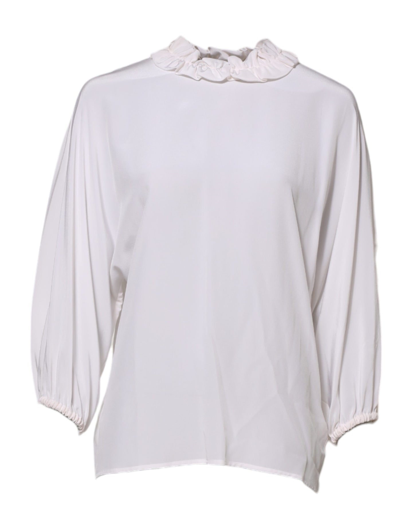 White Ruffled Neckline Blouse Pullover Top
