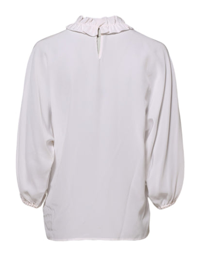 White Ruffled Neckline Blouse Pullover Top
