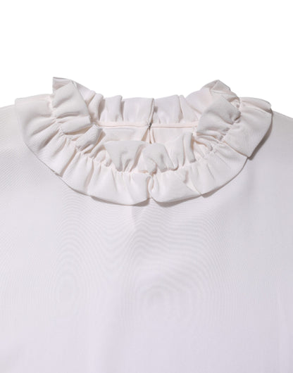 White Ruffled Neckline Blouse Pullover Top