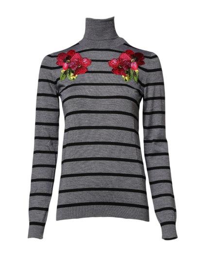 Gray Floral Embroidery Pullover Sweater