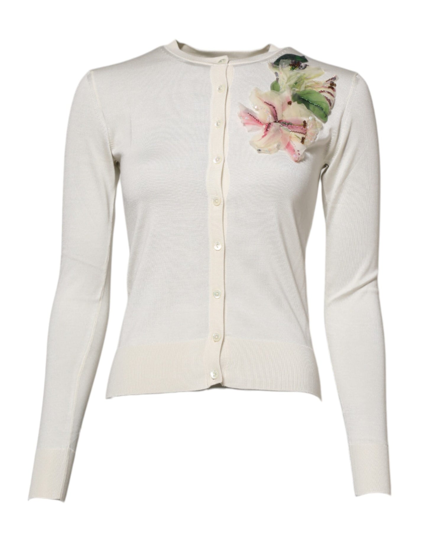 White Silk Lily Embellished Cardigan Sweater