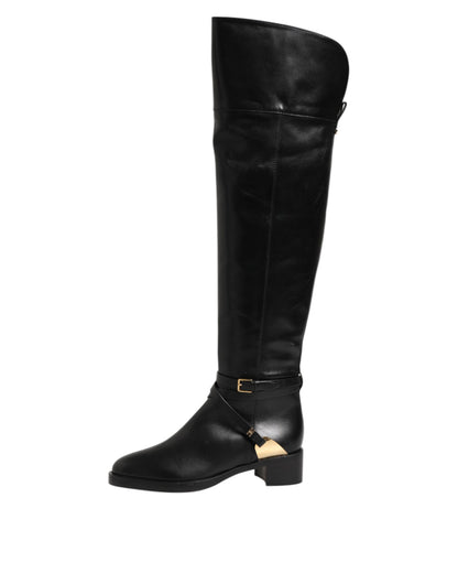 Black Leather Buckled High Boots Shoes