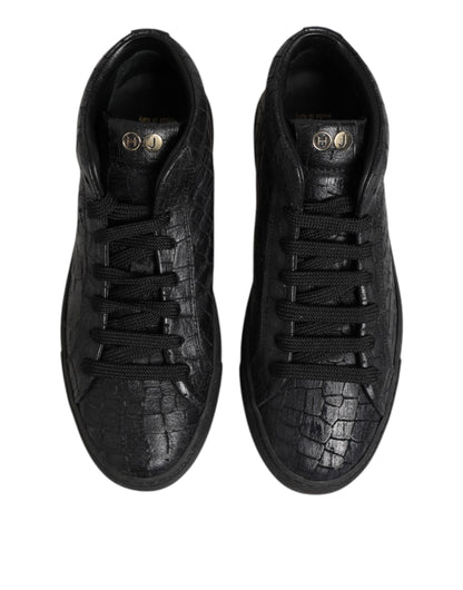 Black Leather Lace Up Mid Top Sneakers Shoes