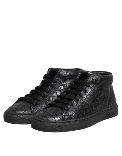 Black Leather Lace Up Mid Top Sneakers Shoes