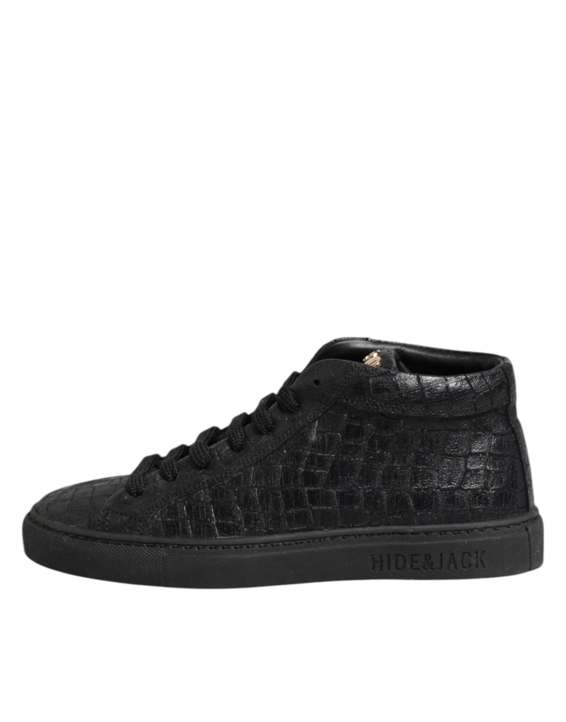 Black Leather Lace Up Mid Top Sneakers Shoes