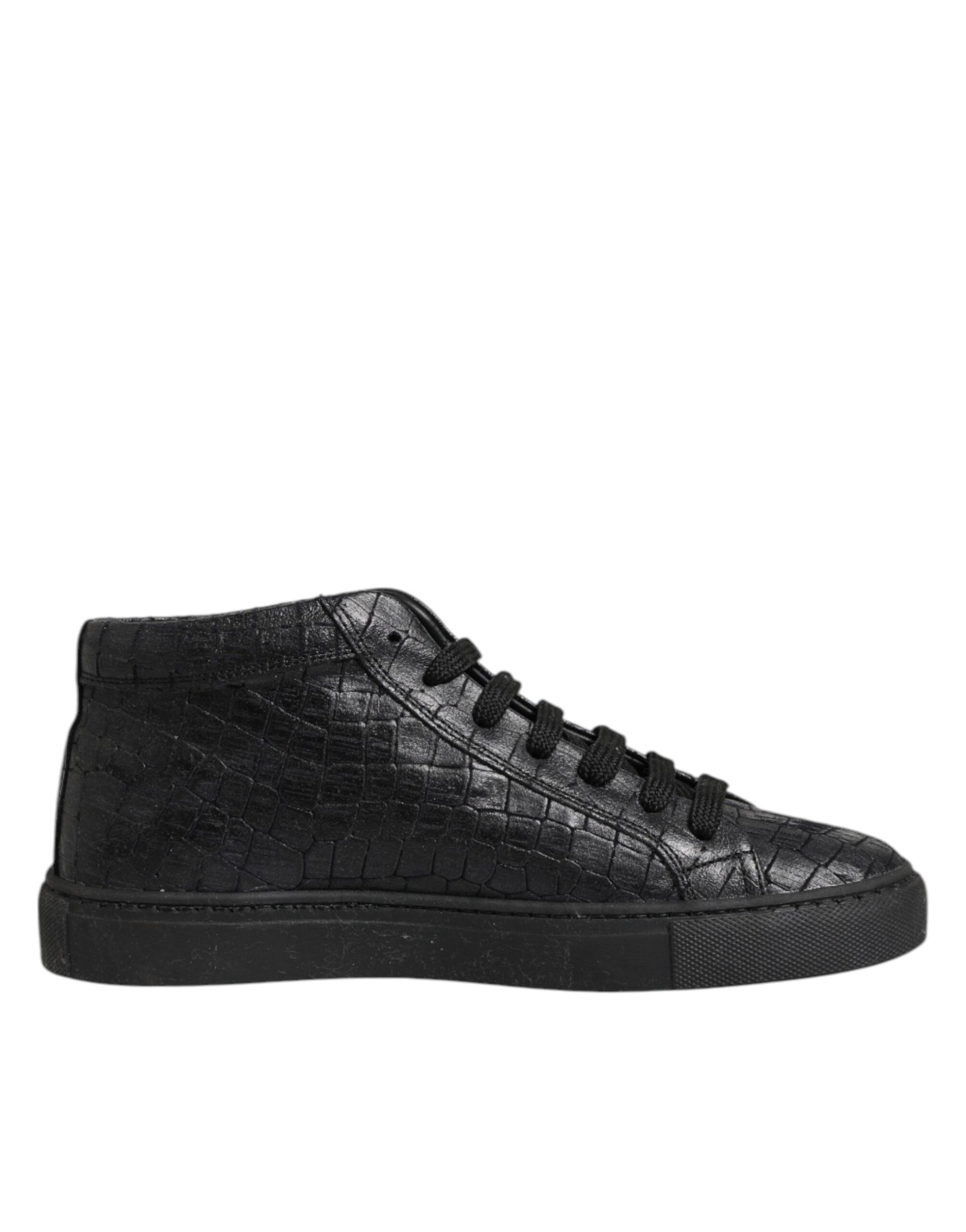 Black Leather Lace Up Mid Top Sneakers Shoes