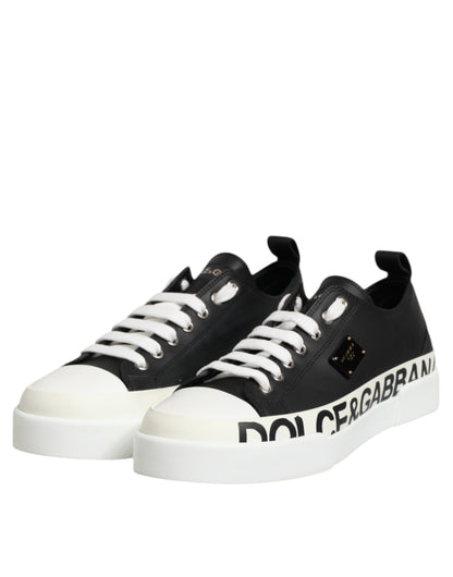 Black White Leather Low Top Sneakers Shoes