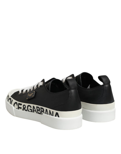Black White Leather Low Top Sneakers Shoes