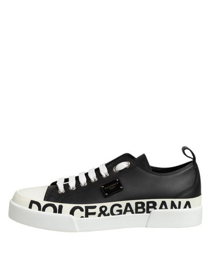 Black White Leather Low Top Sneakers Shoes