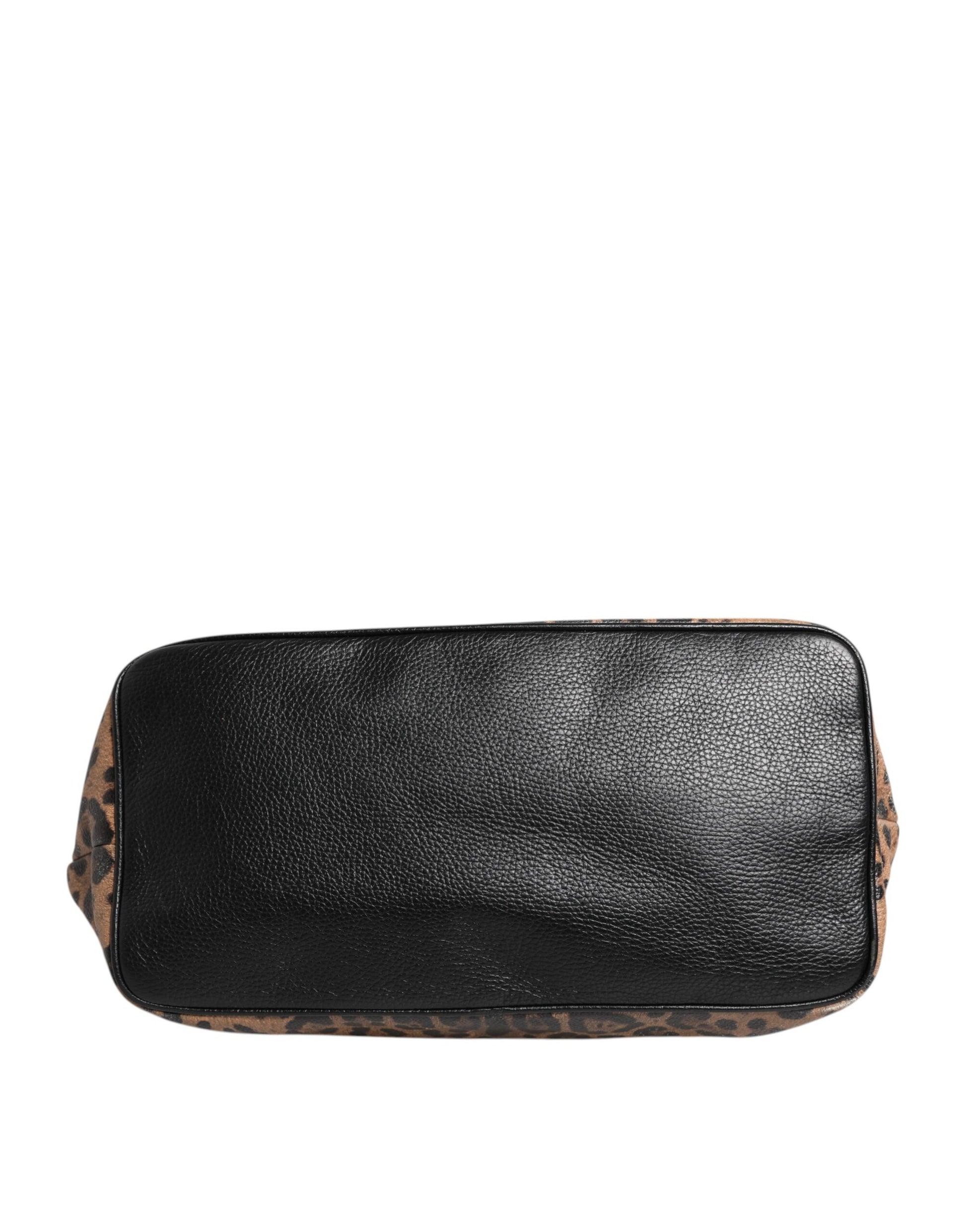 Brown Leopard BEATRICE Leather Logo Plaque Tote Bag