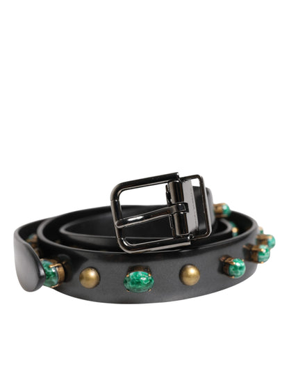 Black Leather Studded Silver Tone Buckle Belt