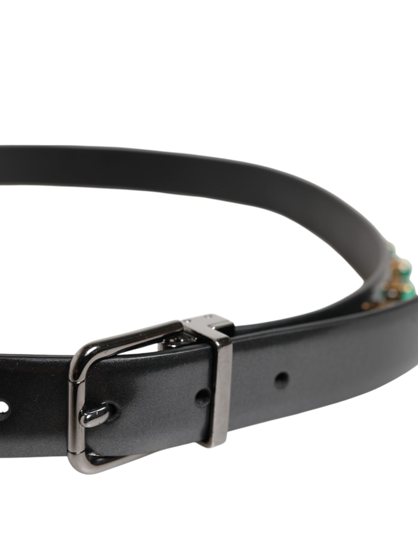 Black Leather Studded Silver Tone Buckle Belt