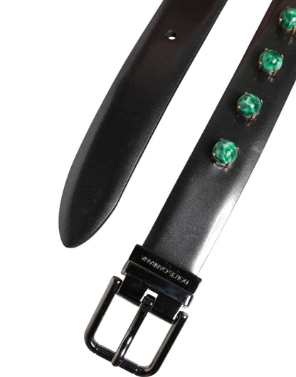 Black Leather Studded Silver Tone Buckle Belt
