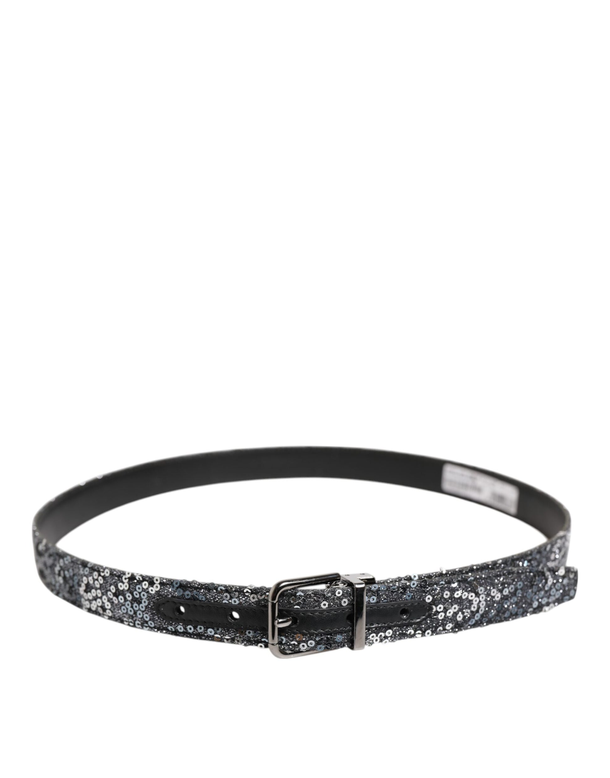 Black Sequins Silver Metal Logo Buckle Belt