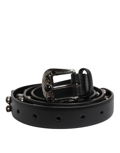 Black Studded Leather Metal Logo Buckle Belt