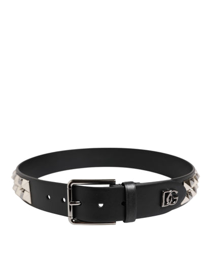 Black Leather Studded DG Metal Buckle Belt