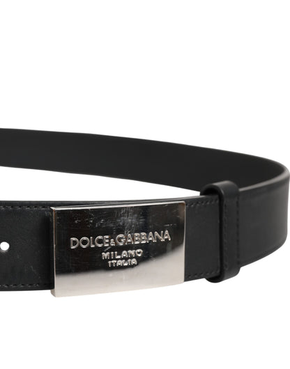 Black Leather Classic Metal Logo Buckle Belt