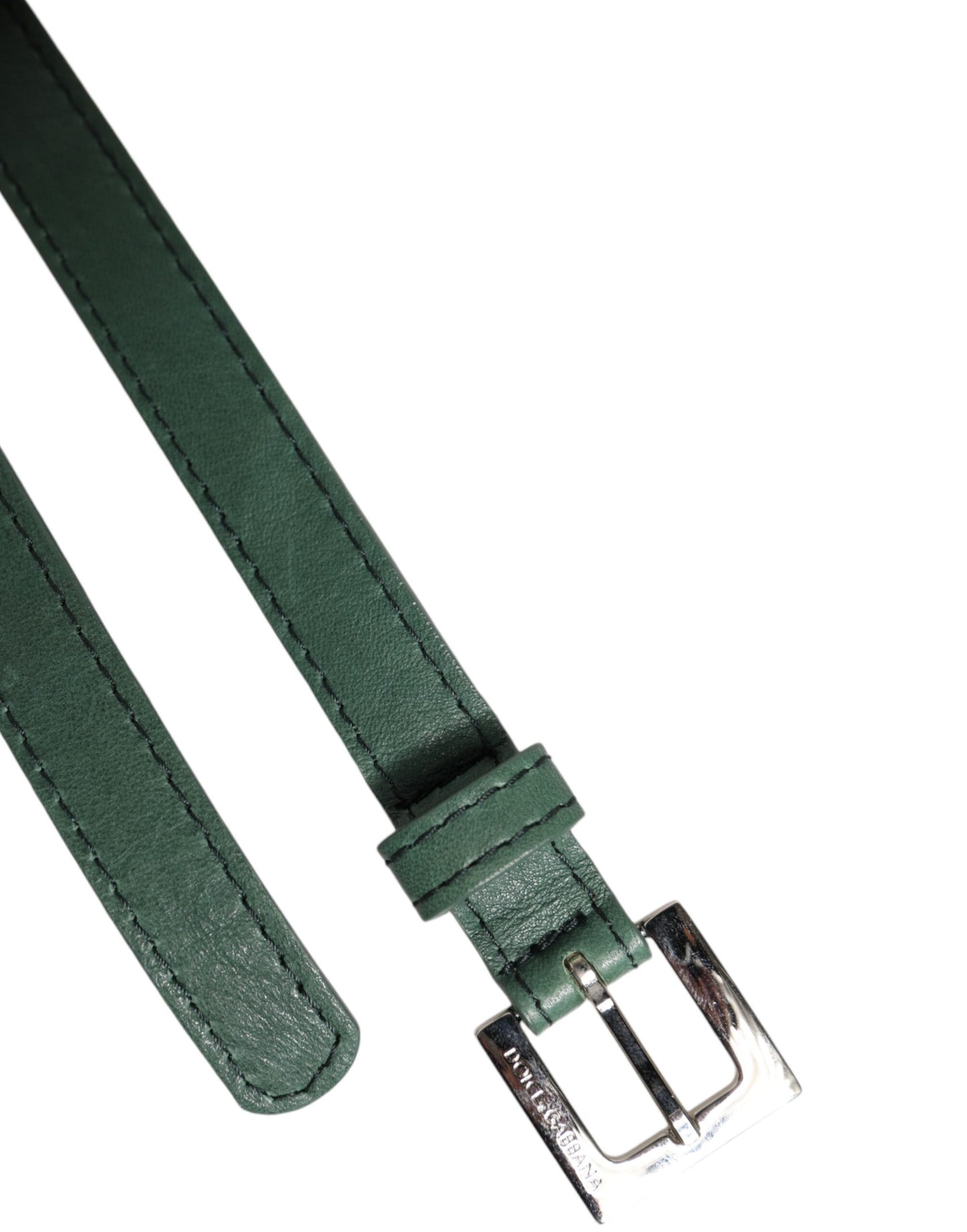 Dark Green Leather Silver Metal Buckle Belt