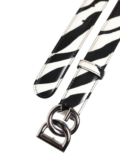 Black White Leather Silver Metal Buckle Belt