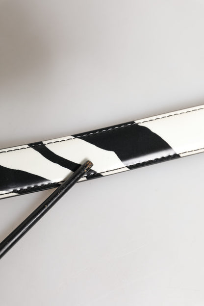 Black White Leather Silver Metal Buckle Belt