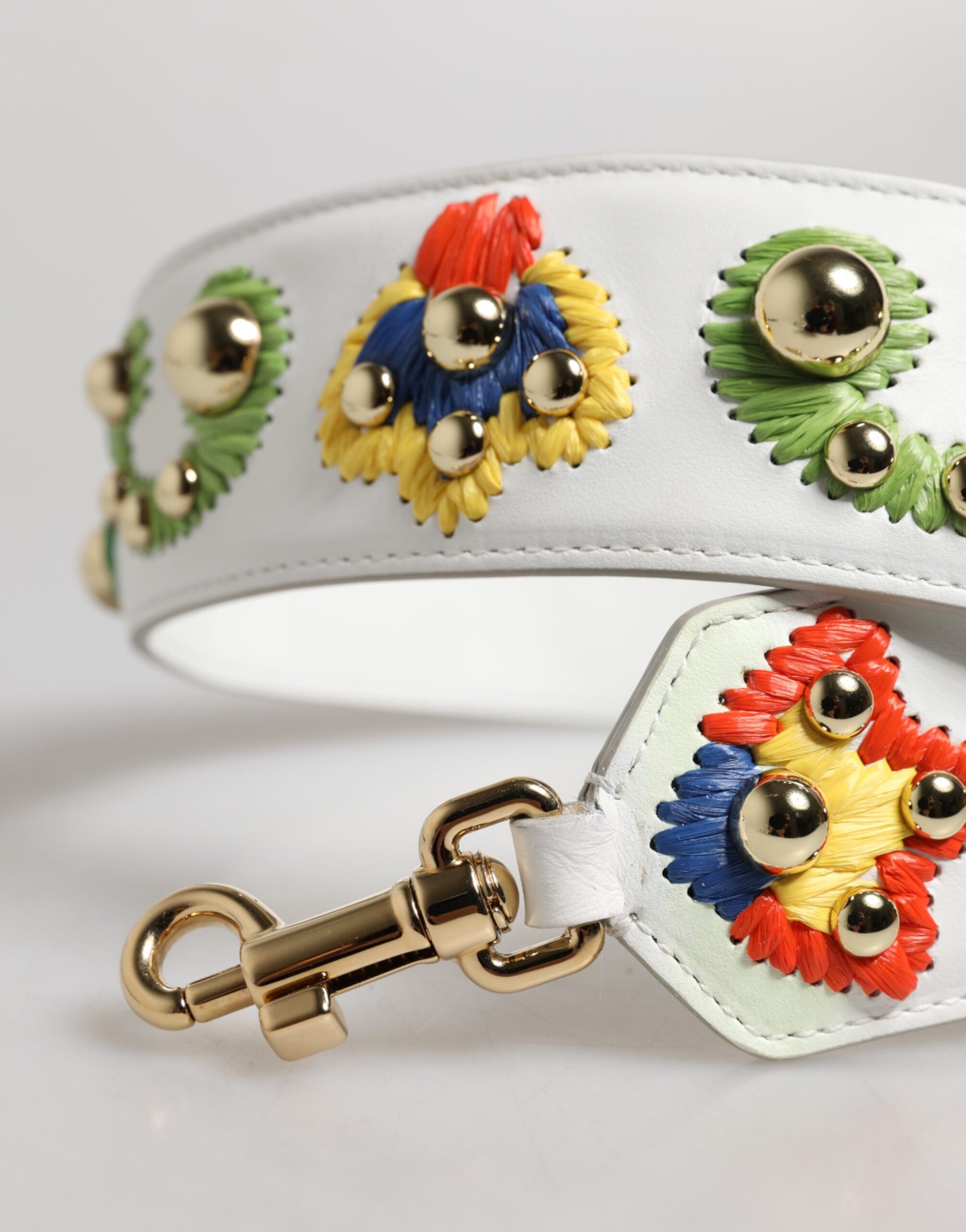 White Calfskin Raffia Embroidered Patchwork Shoulder Strap