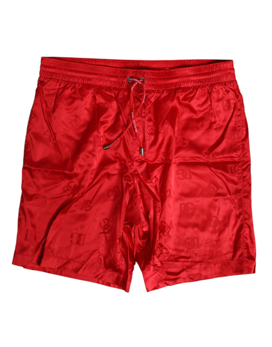 Red Nylon Drawstring Beachwear Shorts Swimwear