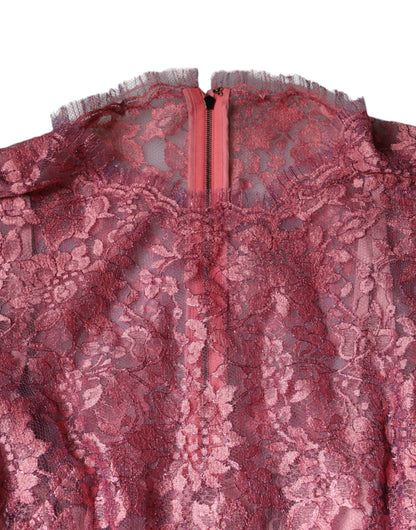 Pink Floral Lace Long Sleeve Midi Dress