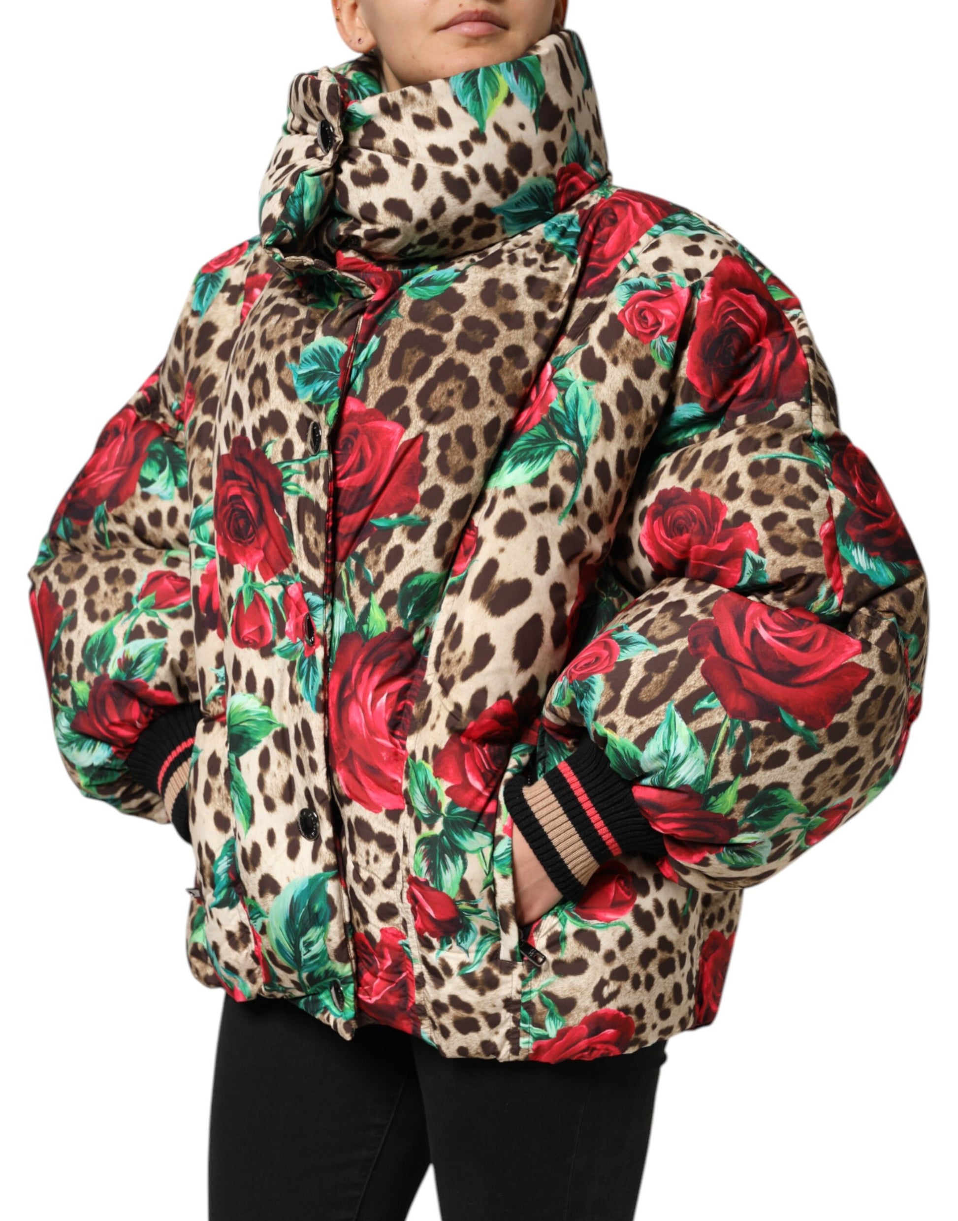 Multicolor Leopard Rose Puffer Quilted Jacket