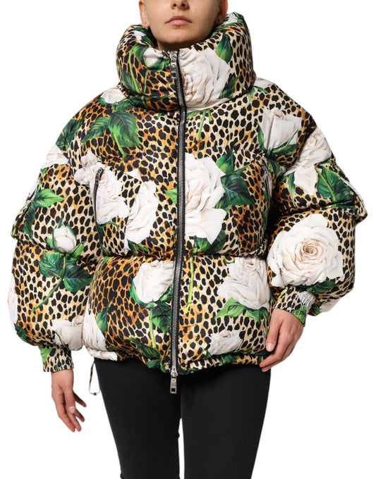 Multicolor Leopard Rose Puffer Quilted Jacket