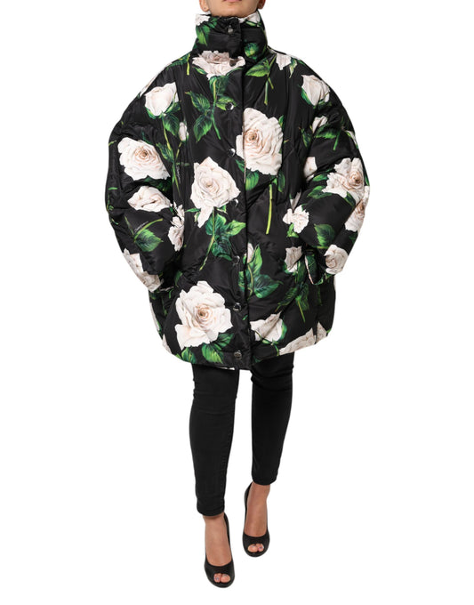 Black Floral Print Puffer Quilted Jacket