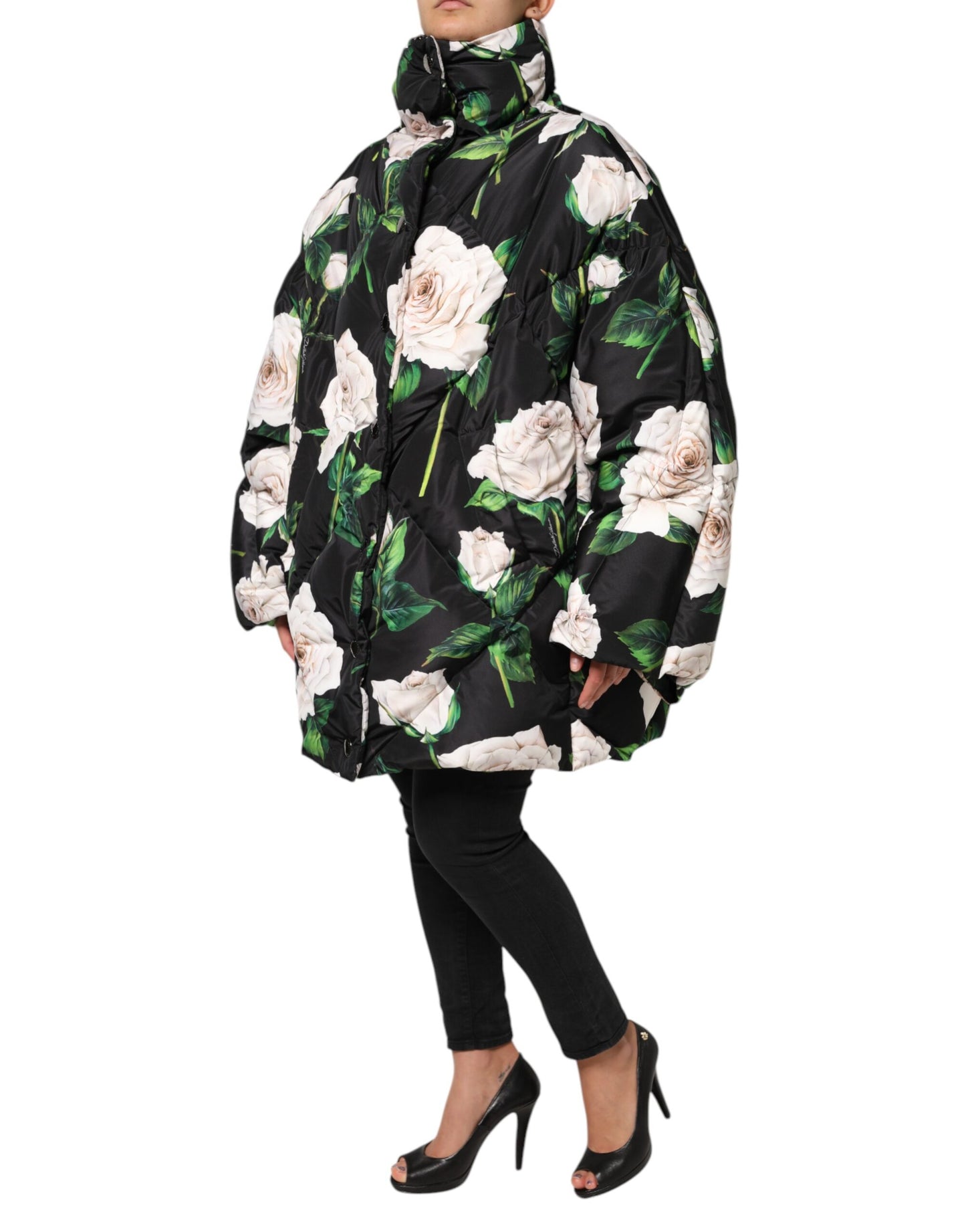 Black Floral Print Puffer Quilted Jacket