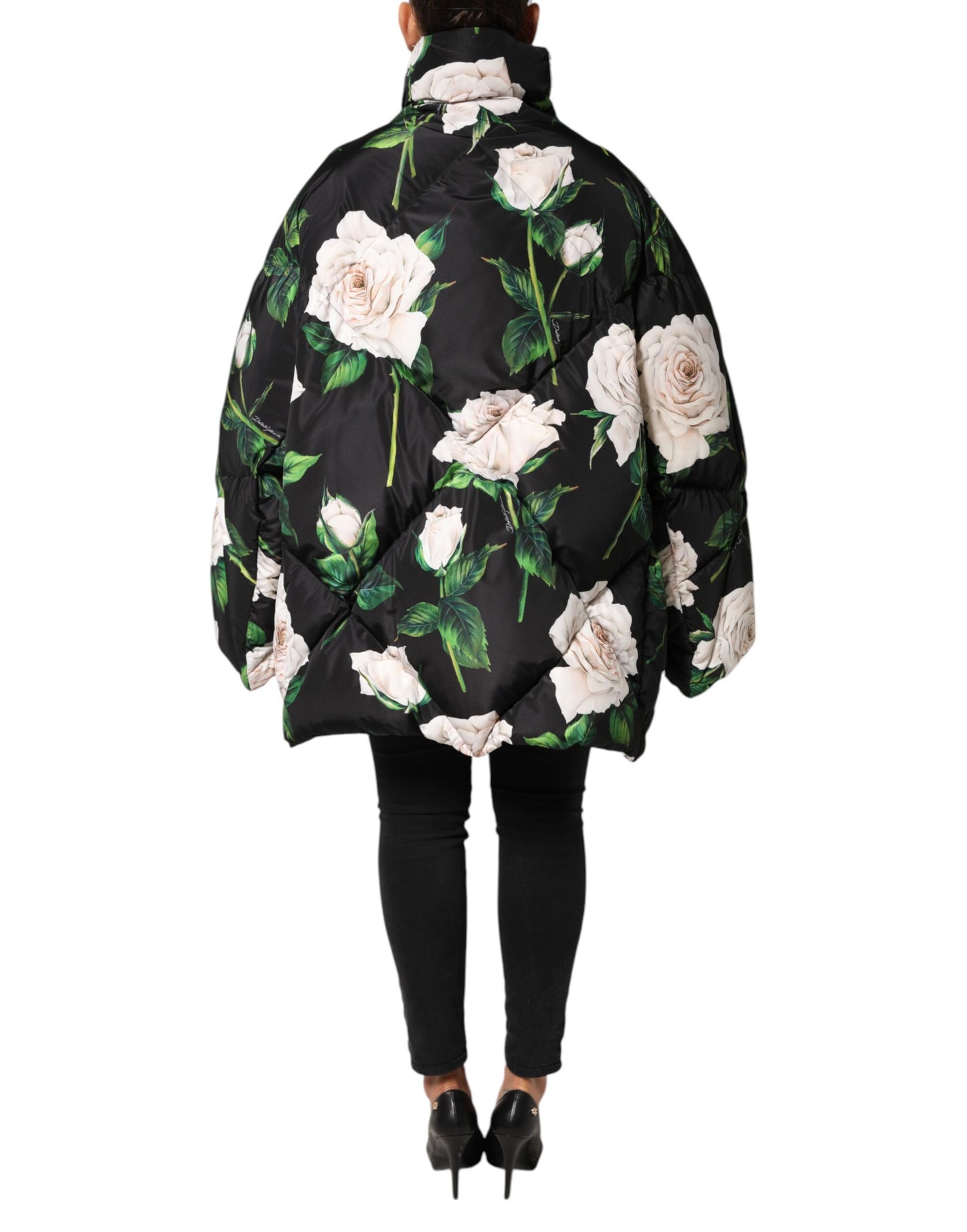Black Floral Print Puffer Quilted Jacket