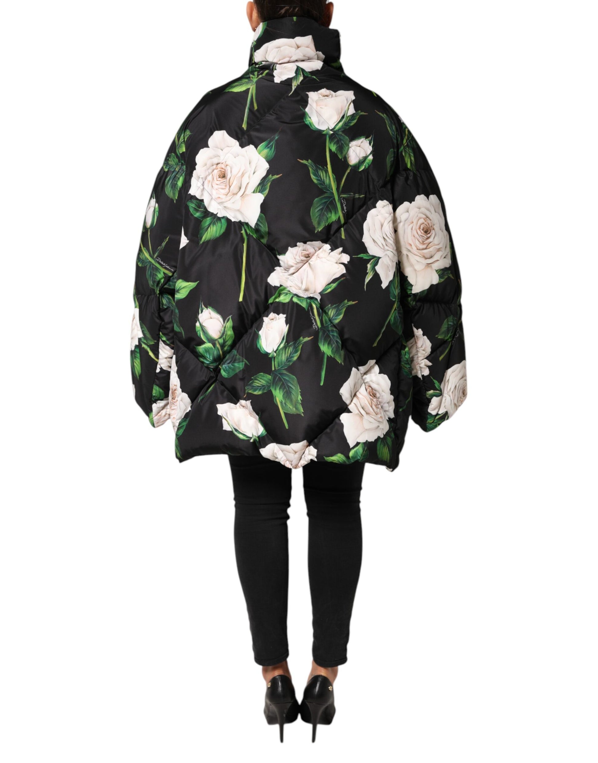 Black Floral Print Puffer Quilted Jacket
