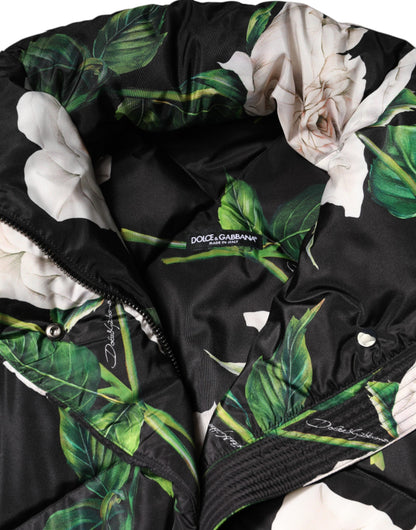 Black Floral Print Puffer Quilted Jacket