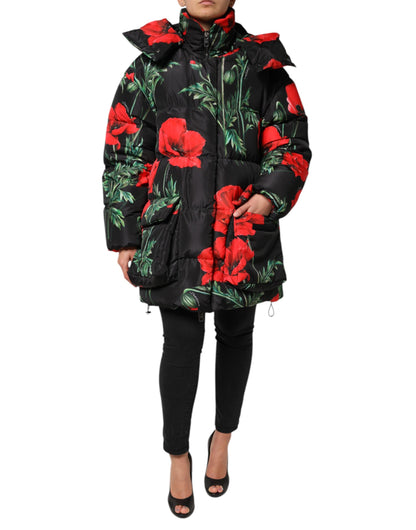 Black Floral Polyester Hooded Quilted Jacket