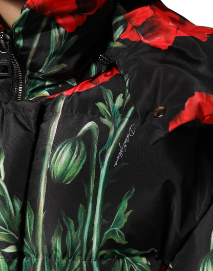 Black Floral Polyester Hooded Quilted Jacket
