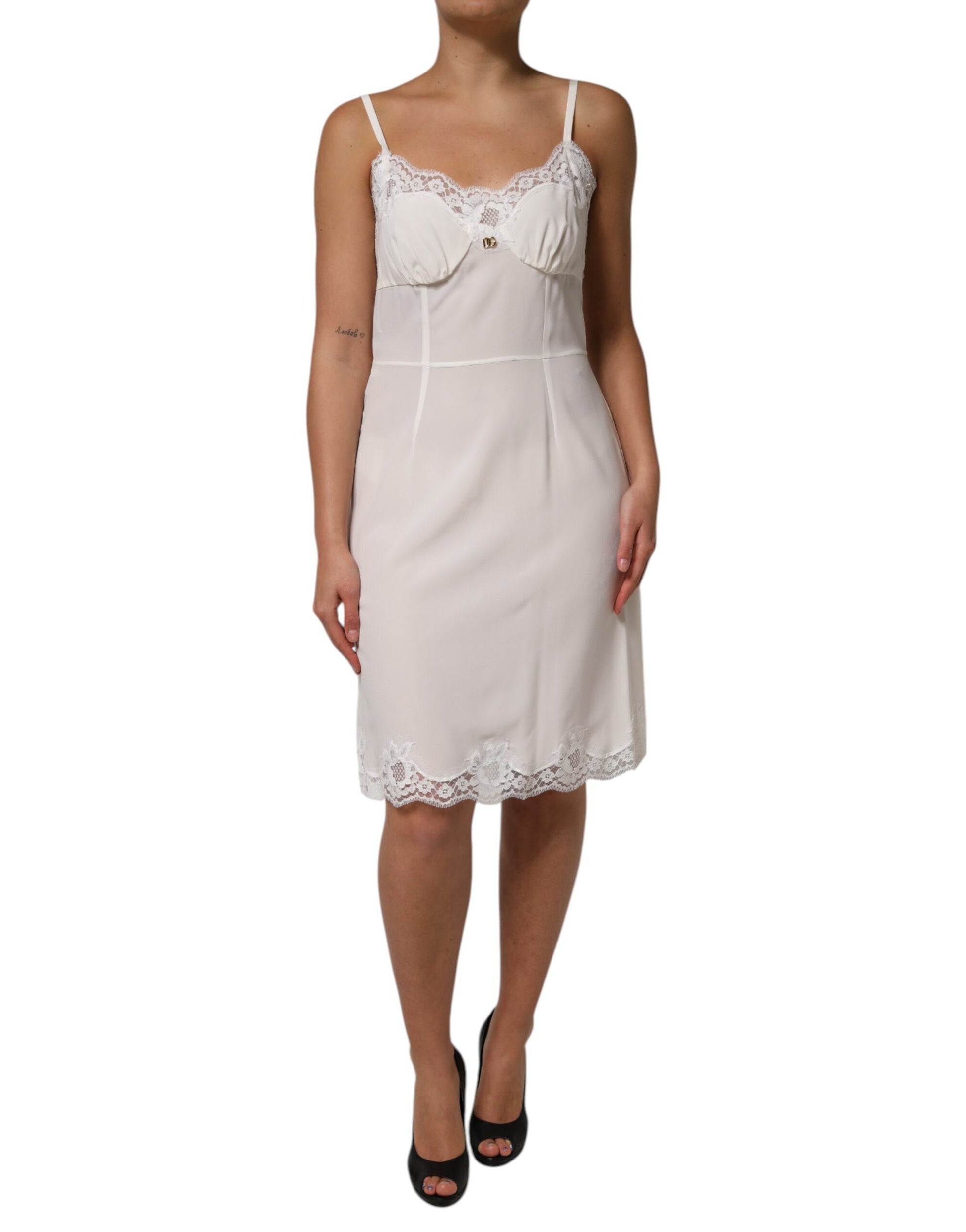 White Lace Gold DG Logo Silk Dress Sleepwear