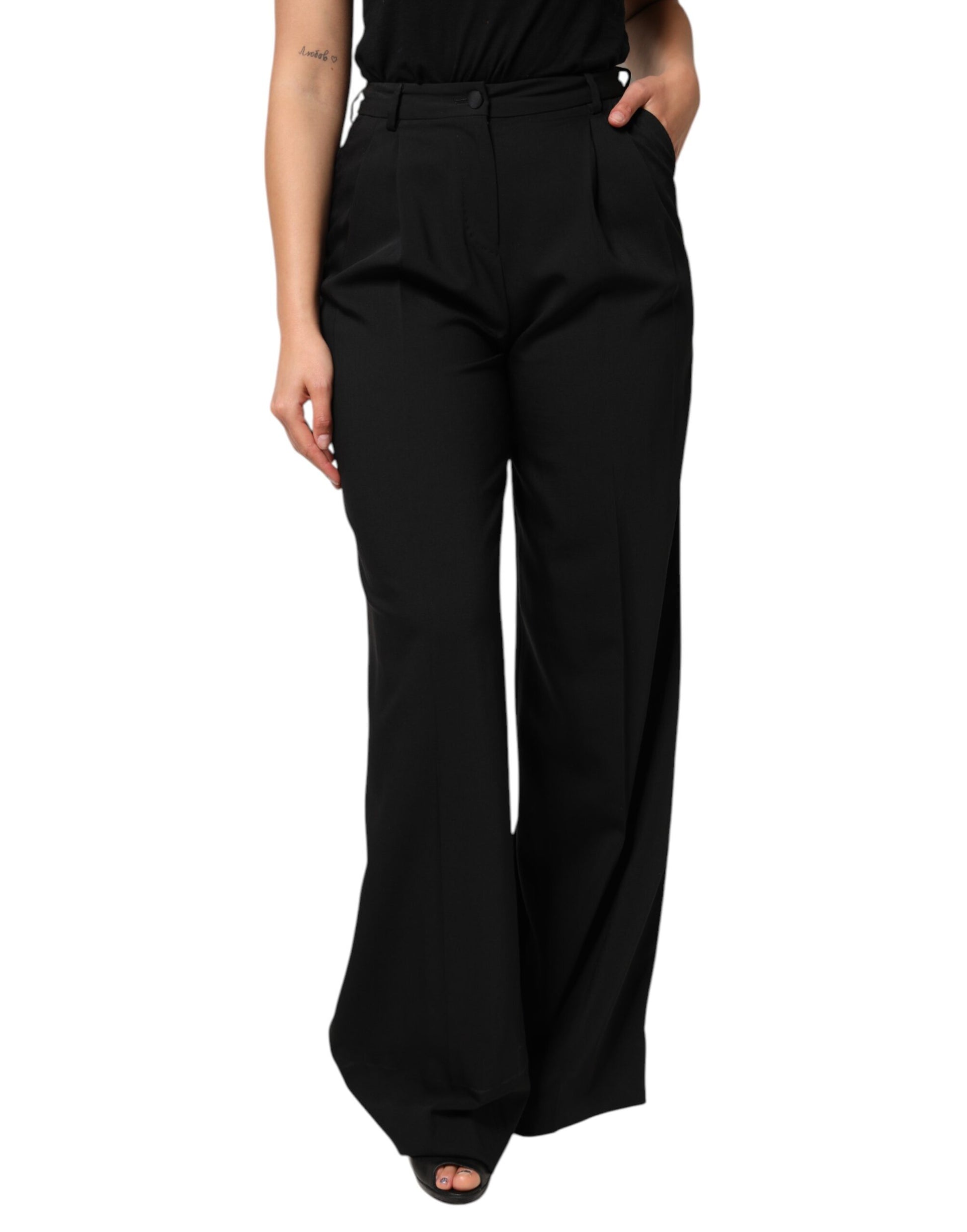 Black Wool High Waist Wide Leg Pants