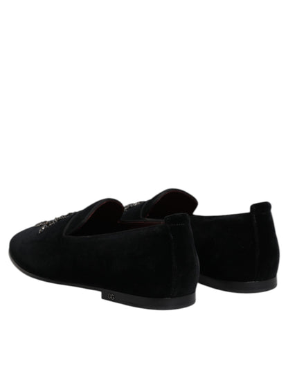 Black Velvet Embellished Loafer Slip On Shoes