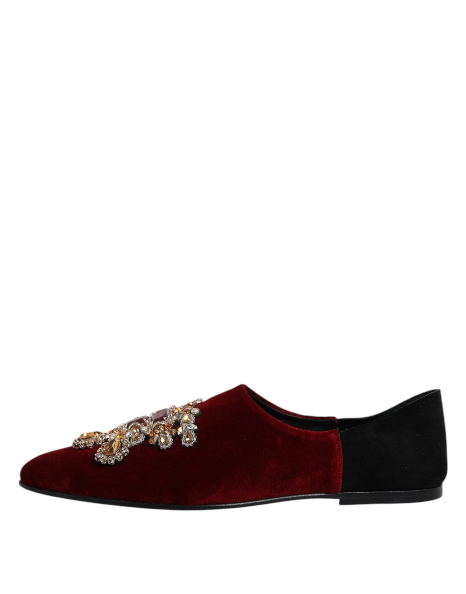 Black Red Velvet Embellished Slip On Shoes