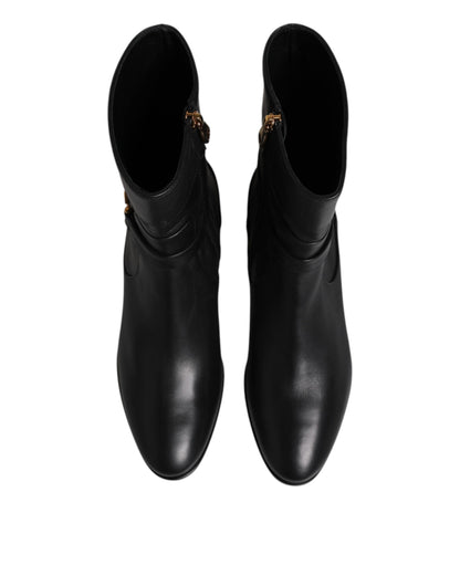 Black Leather Flats Logo Short Boots Shoes