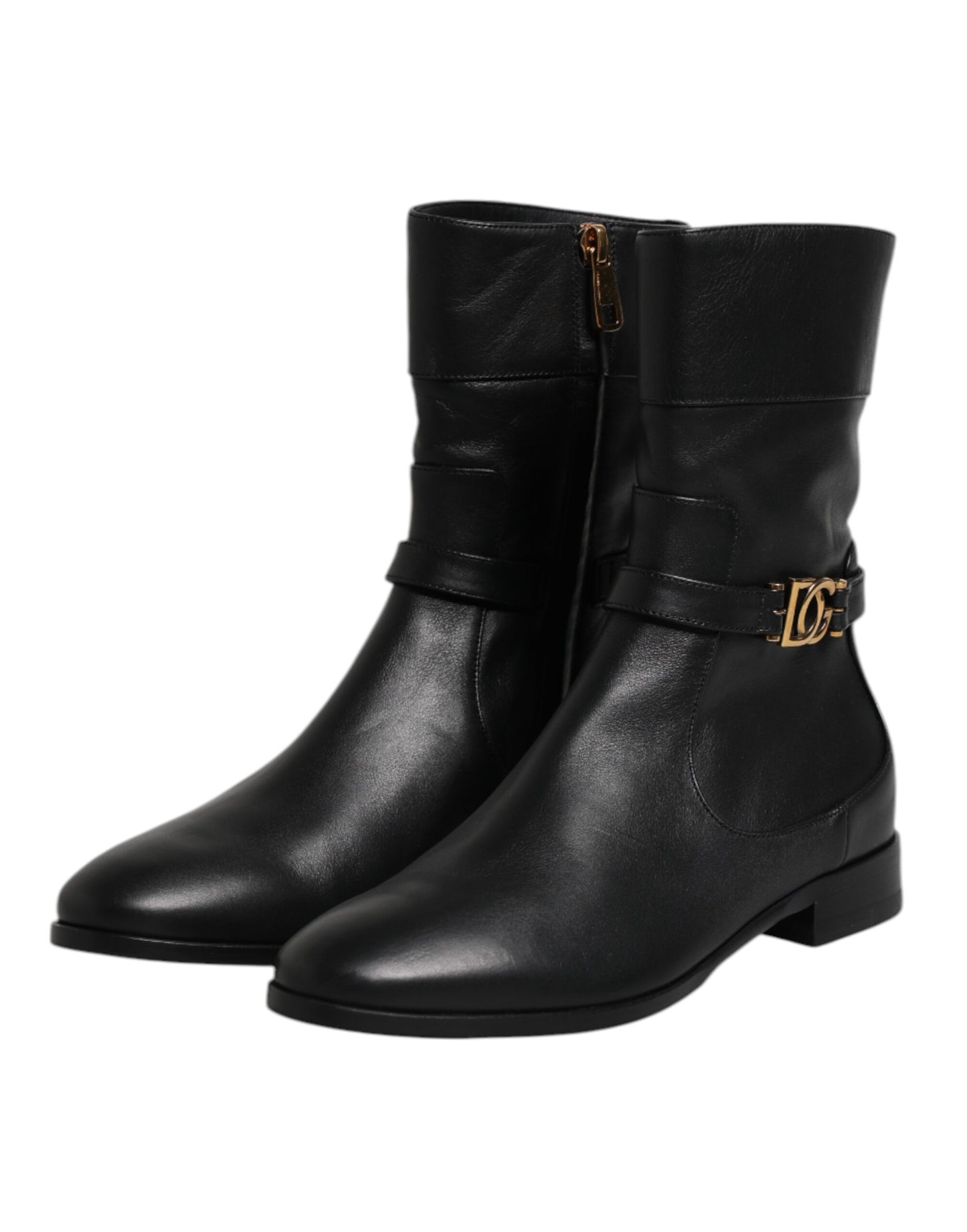 Black Leather Flats Logo Short Boots Shoes