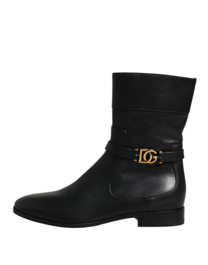 Black Leather Flats Logo Short Boots Shoes